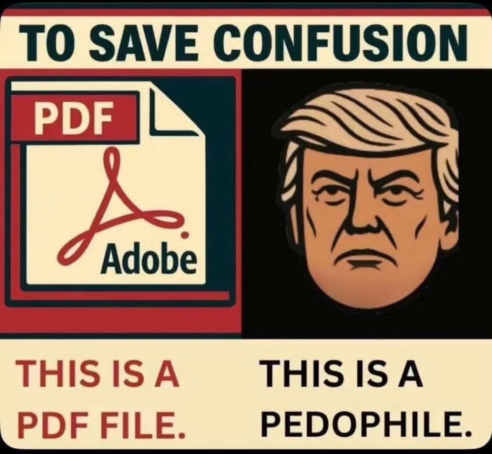 Side by side photo. Left side a picture of a .PDF saying “this is a PDF file”. On the Right Side, a picture of Trump saying “ This is a Pedophile” 