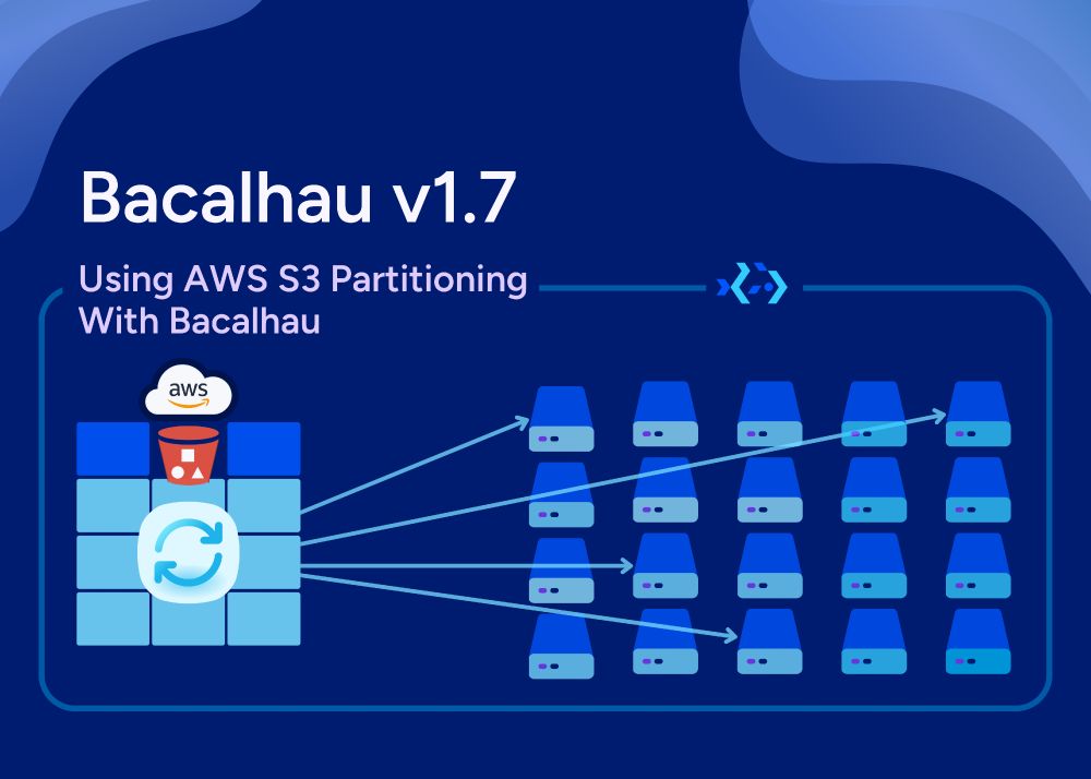 Diagram showing Bacalhau v1.7 using AWS S3 partitioning to distribute data across multiple compute nodes. An S3 bucket is depicted sending data segments to individual servers through automated partitioning.