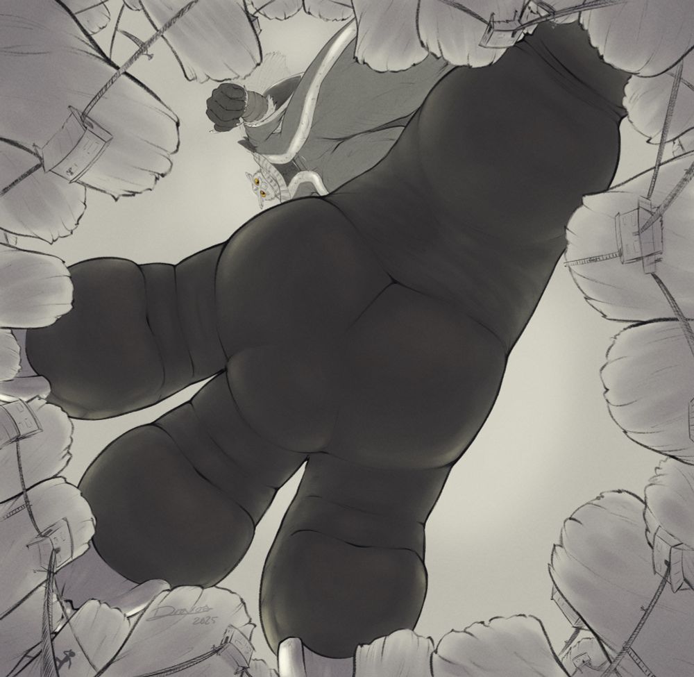 A looming upshot of Finn, an owlin, hovering his foot over a patch of carpet. We see the carpet fibres as towering pillars and tied to them with rope is a small collection of buildings, attached to each other with rope bridges.