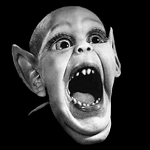 An image of Batboy, via Weekly World News. He is a terrible photomanipulation with his mouth wide open.