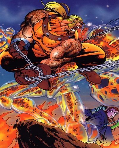 From the comic storyline "Age of Apocalypse."
Sabretooth fights Holocaust with Blink looking on.