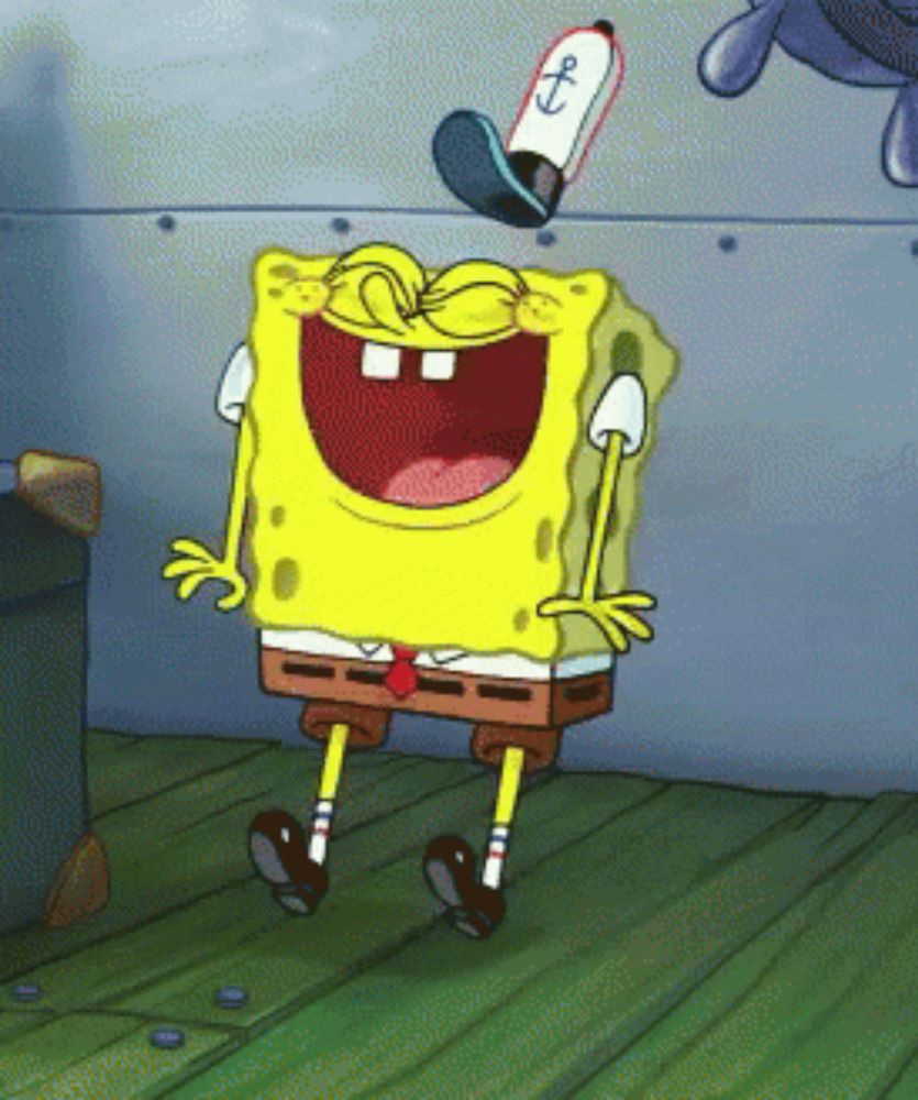 a cartoon of spongebob squarepants laughing with a hat that says anchor on it