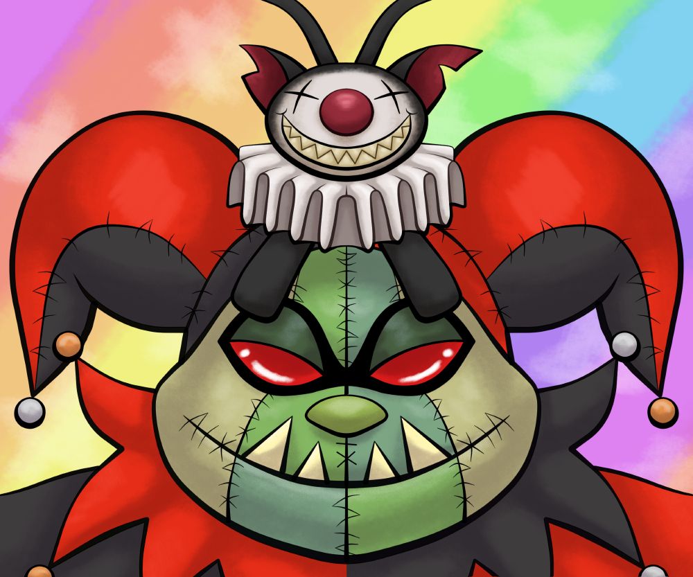 Art featuring two Neopet characters. The primary focus is a Halloween Skeith, wearing a red and black jester hat and collar and smiling. Sitting on his head is a Shadow Aisha, wearing a ruffle around his neck. His face is painted white, he has a big red clown nose, and his eyes are two X marks. He is grinning, showing very sharp teeth. The background is a pastel rainbow gradient with faint stars scribbled over it.