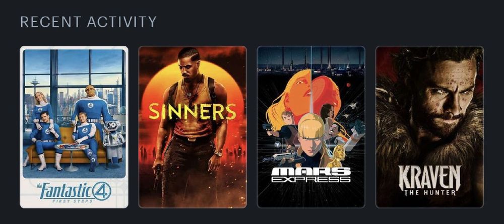 Letterboxd-Screenshot meiner 4 zuletzt geschauten Filme: Fantastic Four, Sinners, Mars Express, Kraven