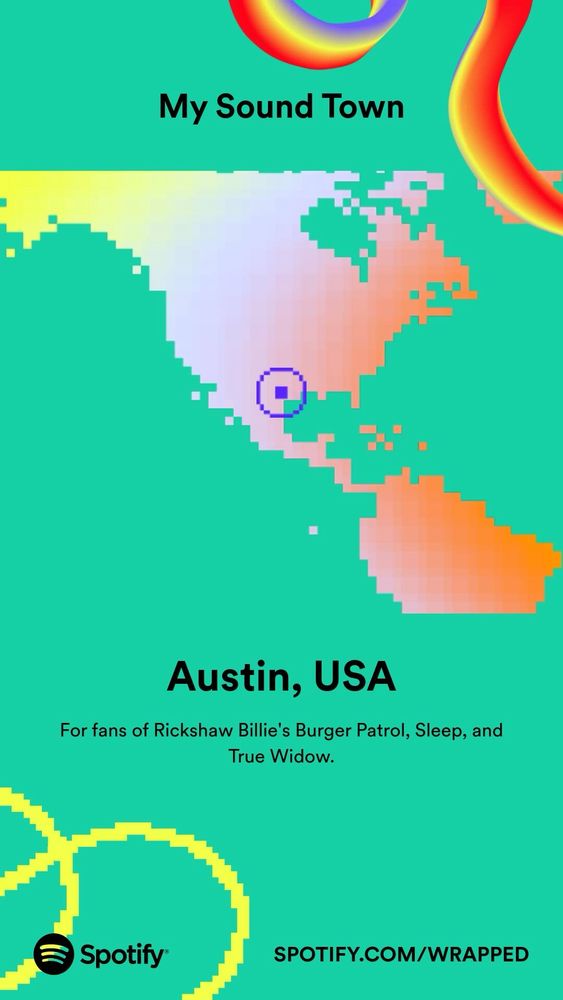 Screen shot of Spotify wrapped showing my “sound town” as Austin Texas USA