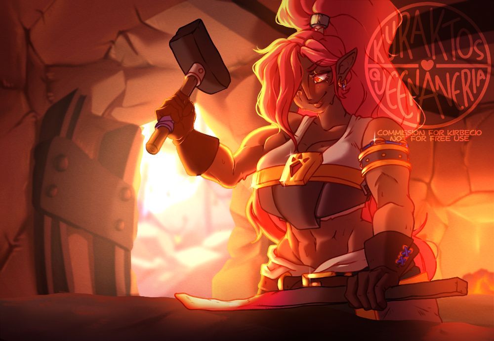 A drawn image of a female Gerudo Blacksmith, working at her forge in Goron City. She has a hammer raised, with a smile on her face as she works.