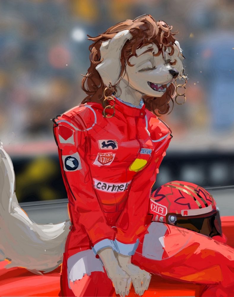 A Maremma Sheepdog racing driver, Gabriella Marchini, and in a red racing suit smiling.

Art by @ellydasta.bsky.social