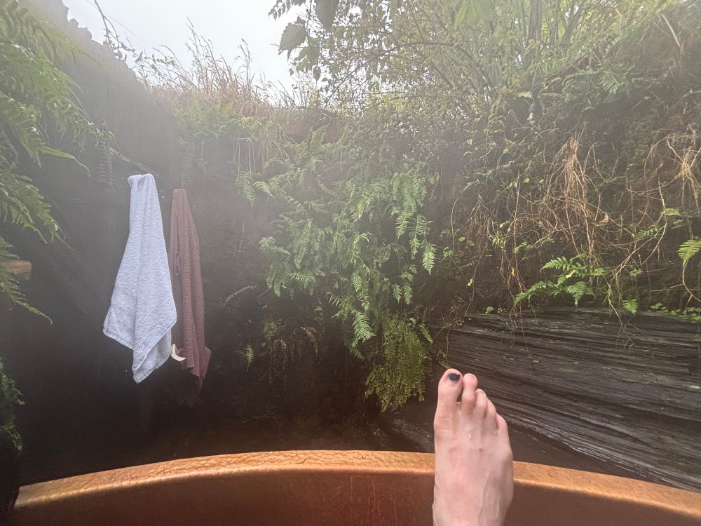 one pale foot, with blue nail polish, resting on the rim of a large copper outdoor bath. a white towel and lavender cardigan are hung on pegs on a wooden gate and wall, which are covered with moss and ferns 