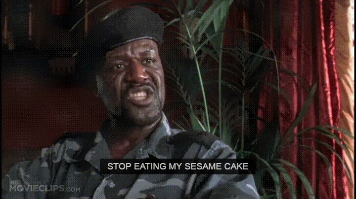Delroy Lindo telling Tim Curry to stop eating his sesame cake in the ludicrous movie Congo.
