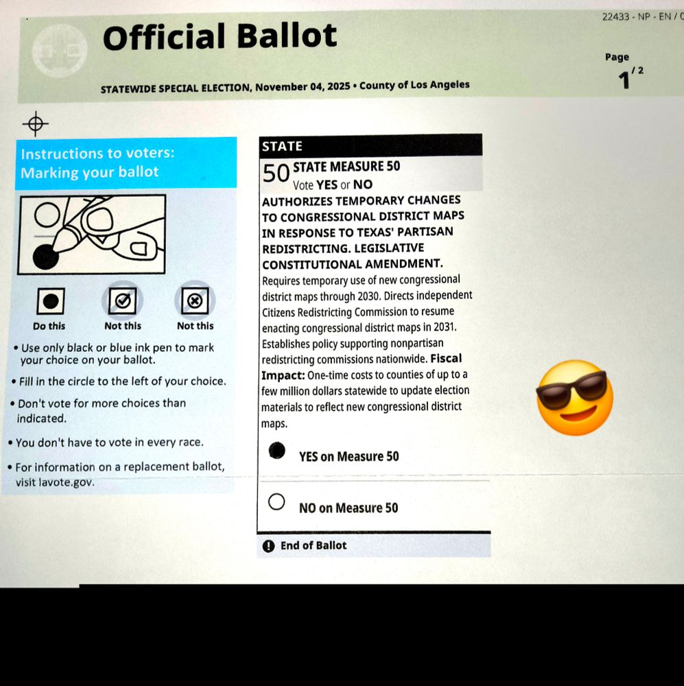 Shows OP's ballot for California's special election with a "yes" vote on Prop 50