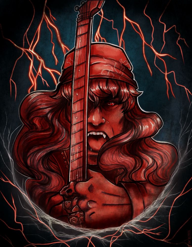 A close up portrait in red gradient of the legendary Eddie Munson of Stranger Things series 4 playing his guitar in the upsidedown 