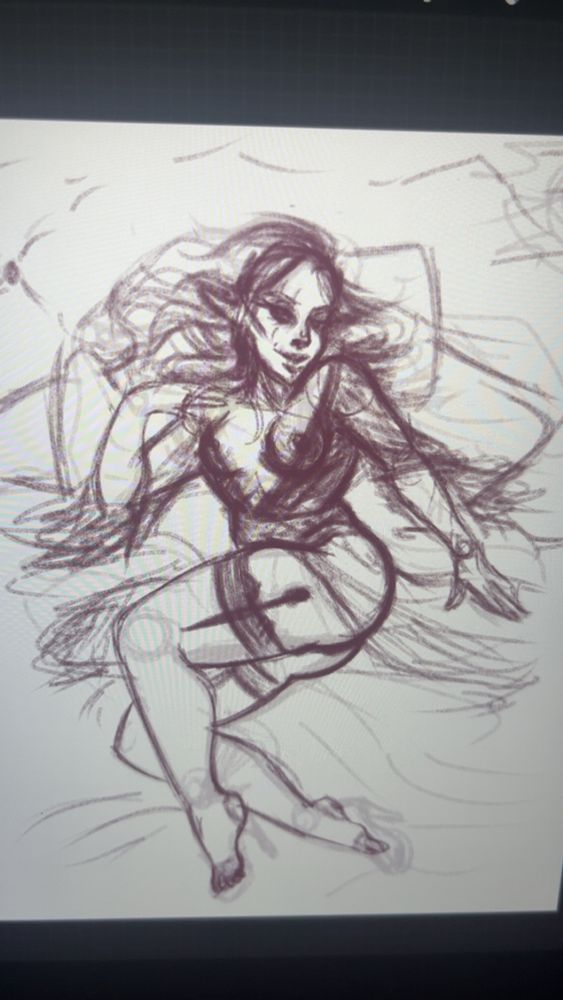 Digital sketch- My Rook, Jin from Dragon Age: The Veilguard in classic Pin Up Girl style. She lays across the bed, her hair fanning the pillow. She has a dagger in her stocking and she gazes seductively at a spot (Lucanis) off camera