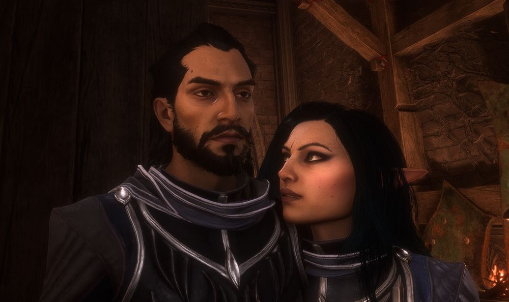 Lucanis Dellamorte and Rook in Treviso. Lucanis gazes offscreen with a serious expression while Rook stares at Lucanis with an expression of awe mixed with that of”oh gods, I might have feelings”. 