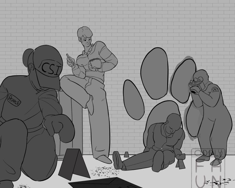 Blues Dalmatian serial killer, the detective is on the job and the crime scene team are collecting evidence.