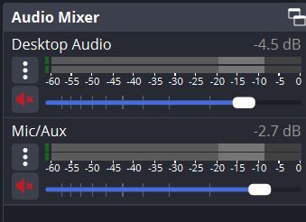 screenshot showing the audio tracks in the recording software OBS but both Desktop Audio and Mic/Aux is muted and greyed out