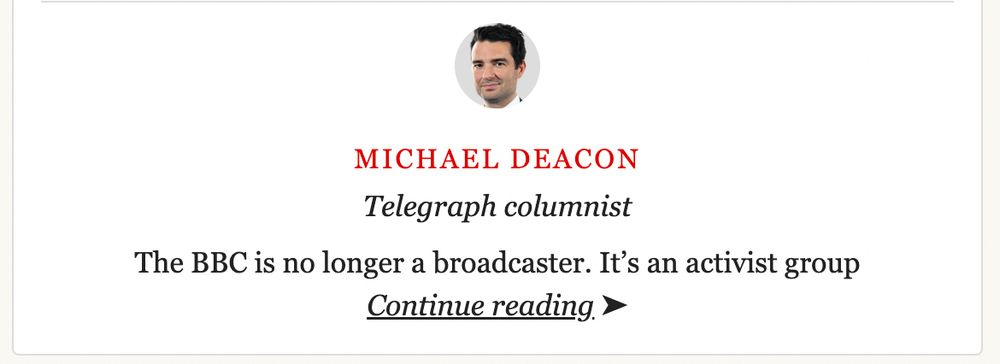 Michael Deacon
Telegraph columnist
The BBC is no longer a broadcaster. It's an activist group. Continue reading: