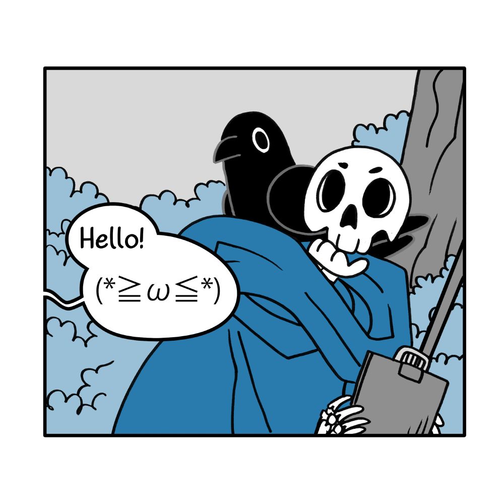 The Hound Knight calls to the Grim Reaper and their crow companion from off-screen.