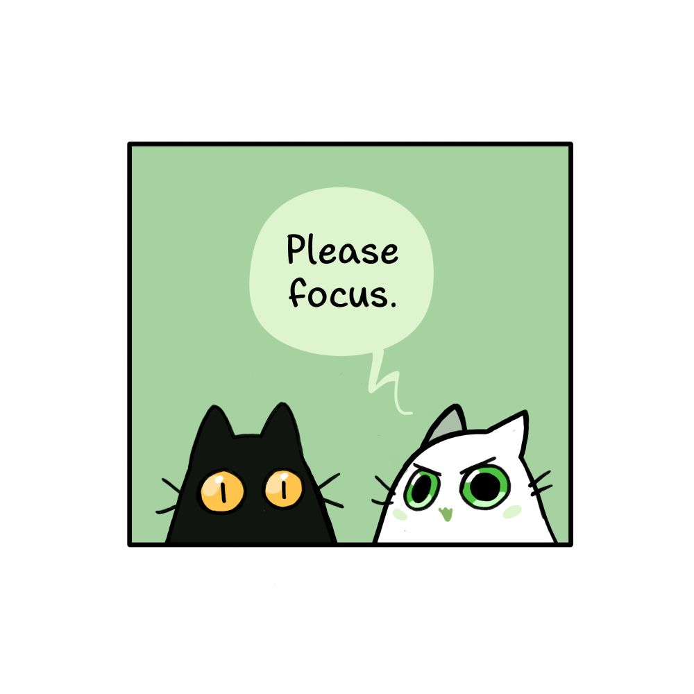 A black cat and a white cat are in a green panel. The white cat says, "Please focus" to the black cat whose pupils are in line mode, like so: (=ↀωↀ=)