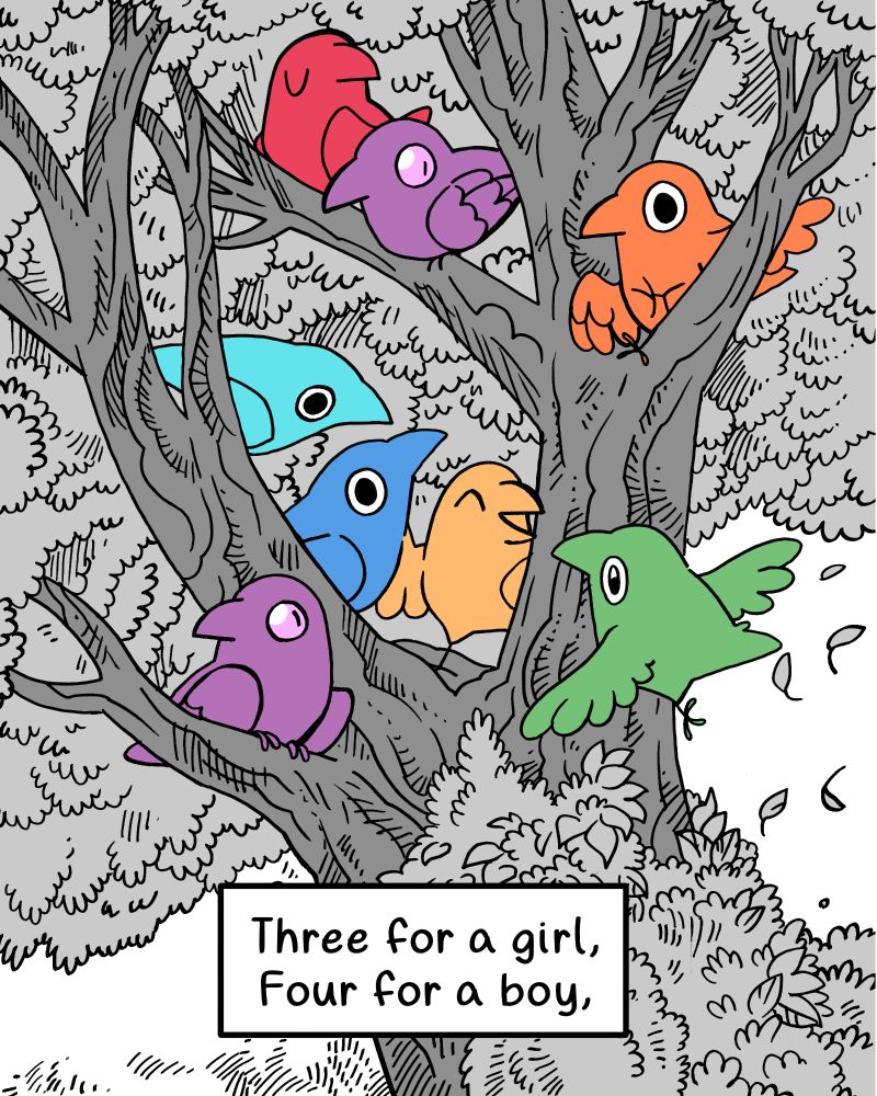 The nursery rhyme continues as we see the colorful crow siblings grow into adulthood.