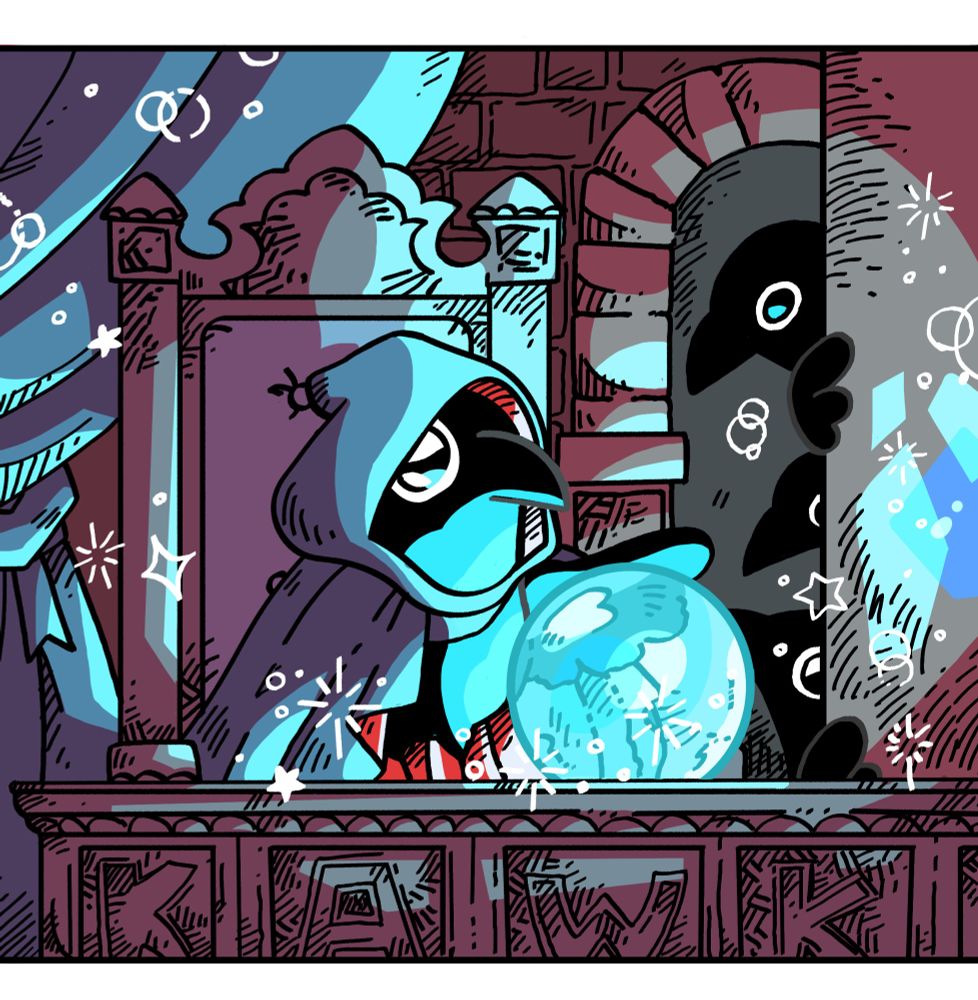 Redraw of the "Pondering my Orb" meme (featuring the art of illustrator Angus Mcbride for Middle-Earth Quest: A Spy In Isengard, a role-playing game based on The Lord of the Rings from the 80s.) The redraw features Crow Time characters looking at a blue shining orb.