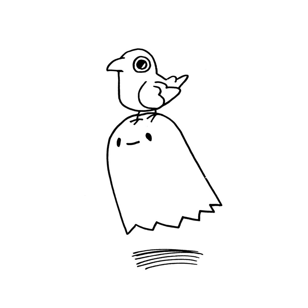 Lineart cartoon of a crow on the head of a blanket ghost.