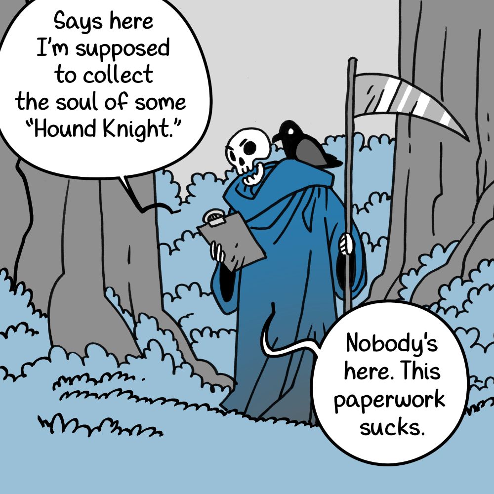 First panel of a blue-hued comic where the Grim Reaper / Death, hodling a scythe, with a crow on their shoulder, is looking for a deceased soul under the moniker of the Hound knight.