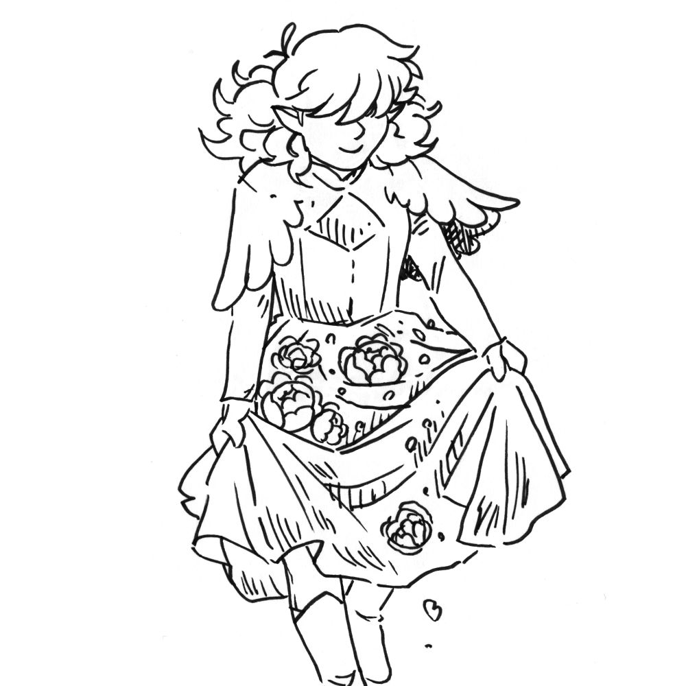 Sketch of the Edwin character from Crowmance carrying flowers using a skirt as a large makeshift basket.