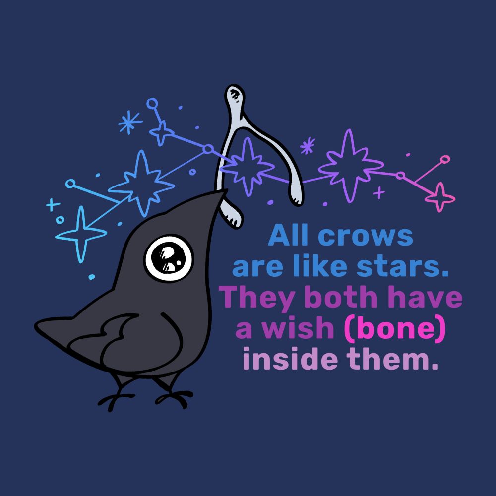 Doodle of a crow holding a wishbone with the caption "All crows are like stars. They both have a wish (bone) inside then"