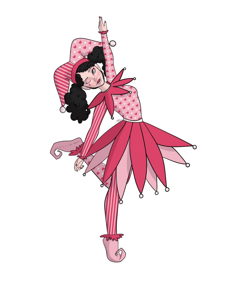 My OC Charlie dressed in jester costume in dark and light shades of pink. She's got her black hair in tight curling side tails. The costume has stripes on one side and a heart pattern on the other. She's wearing pink makeup that matches the costume, a little heart painted under her right eye.