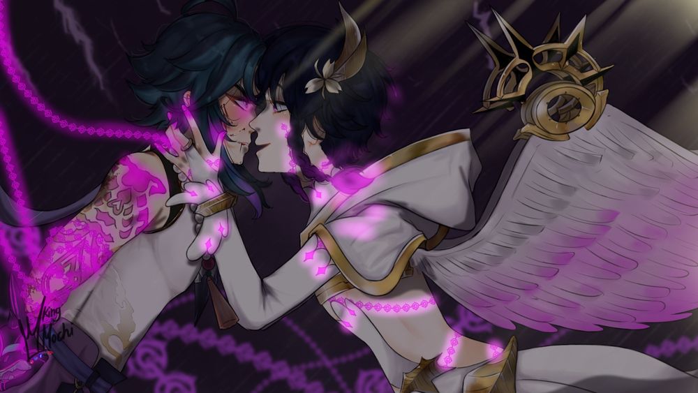 Xiao and Venti from Genshin Impact.
Venti holding Xiao's face, he is with his archon clothes, but all cyan is reemplazed with purple, making a reference to the stolen statue on Dain's quest, while Xiao looks at Venti, his arms are bonded by purple chains.