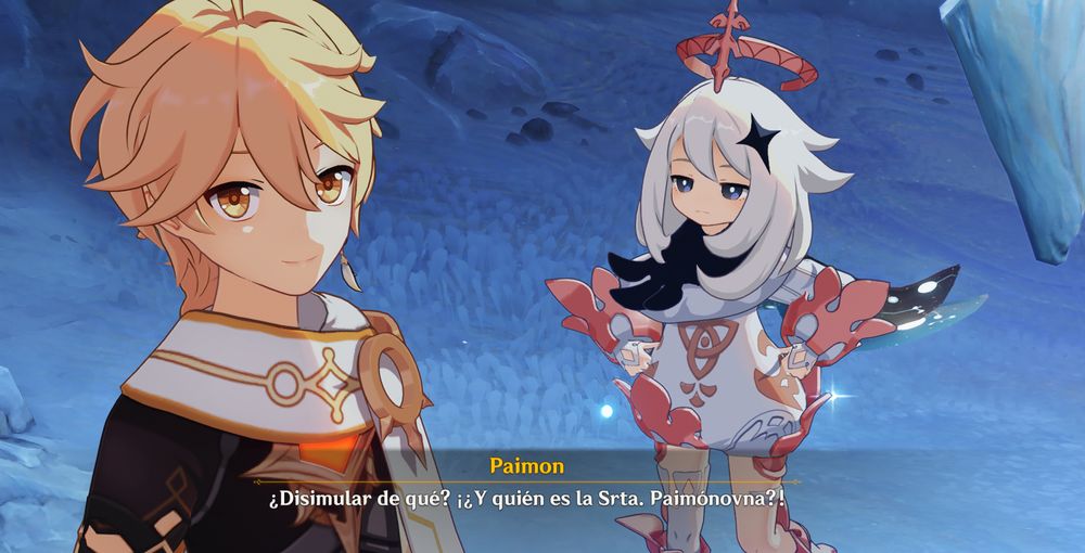 Screenshot de Genshin Impact. En la imagen se ven a el viajero y Paimon, Aether tiene una gran sonrisa mientras que Paimon le mira levemente molesta.
En la caja de dialogo, Paimon dice: "¿Disimular de qué? ¿¡Y quién es la Srta. Paimónovna?!"