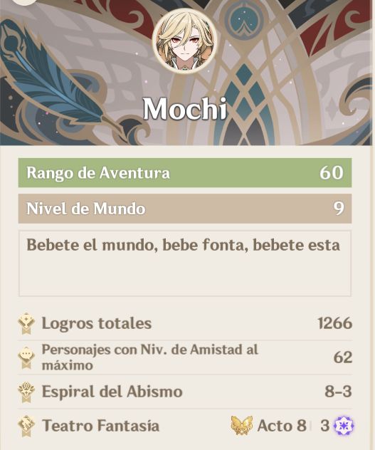 Screenshot of genshin impact player profile, showing avatar, player name, world level, signature and total archievements by the player.
Player is me.