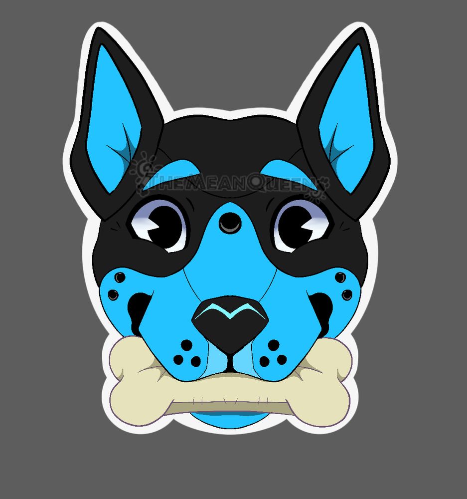 A black and blue pup with a happy expression. It has a plush bone toy in its mouth. Would you like to play with it? 