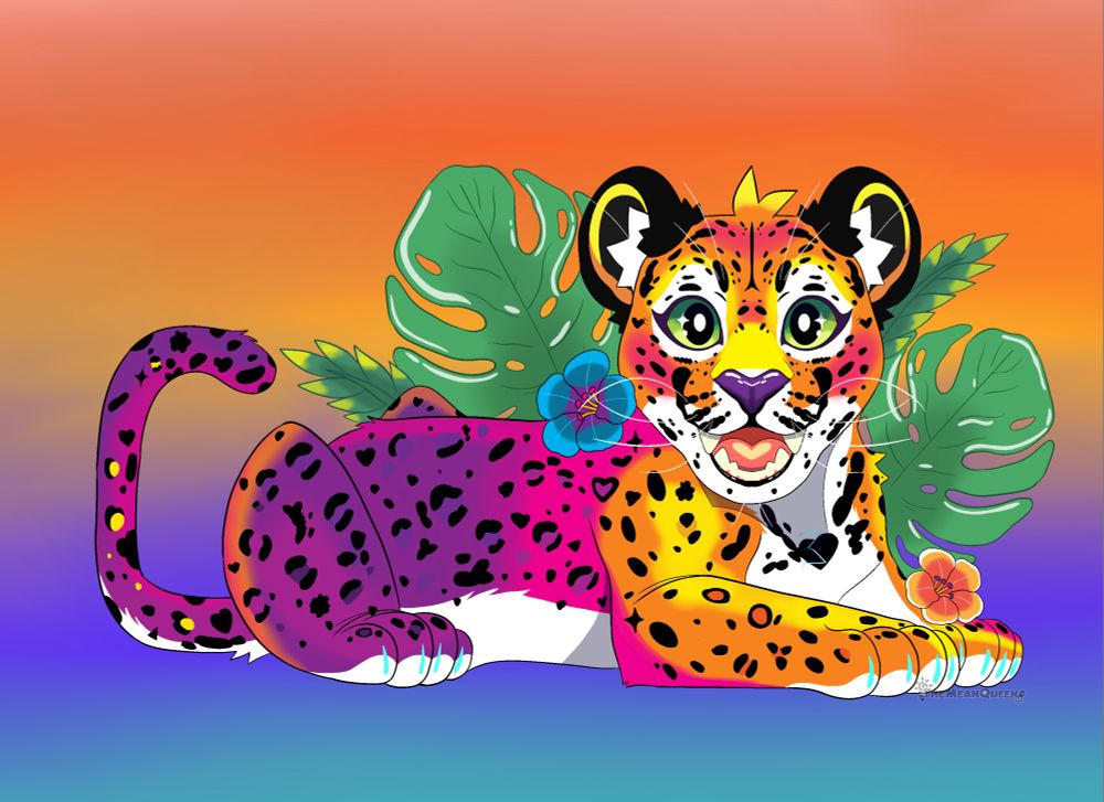 a multicolored jaguar cub, he has multicolored rosettes and a playful expression! Behind him is a frond and monsters leaves. He has also has two hibiscus flowers laid on him