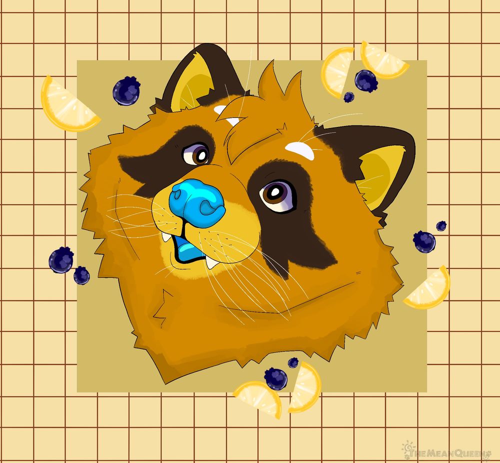 A diluted orange raccoon + bear hybrid. They have a bright blue nose and tongue. Their gaze is fixated up at something. They are surrounded by painted lemon slices and blue berries. 