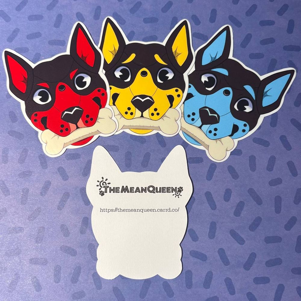 A sample photo from B&B of the pup trio! the bottom center reads my logo and a link to my carrd site.