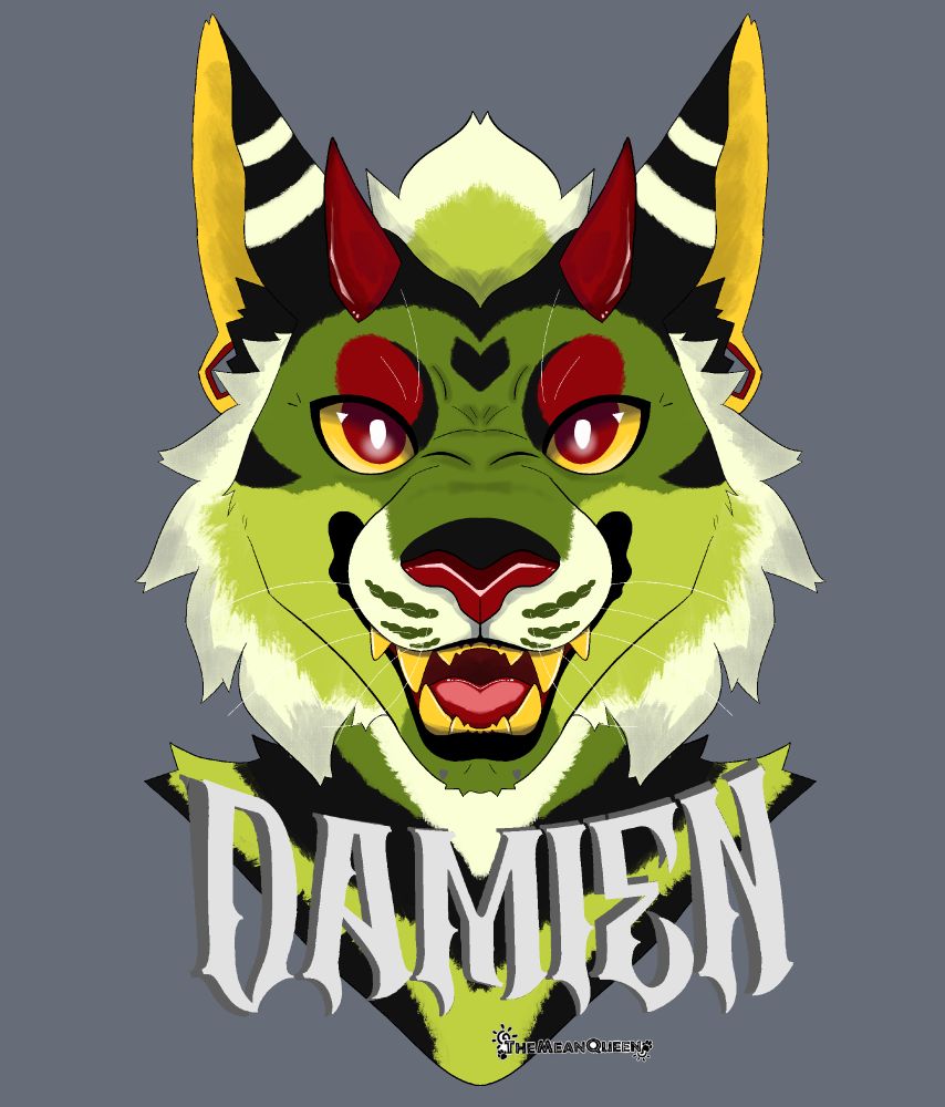 A feline with green,black and cream fur with a snarly expression. He has red accents which include sharp red horns and a bright nose. His name reads Damien in a heavy metal font.