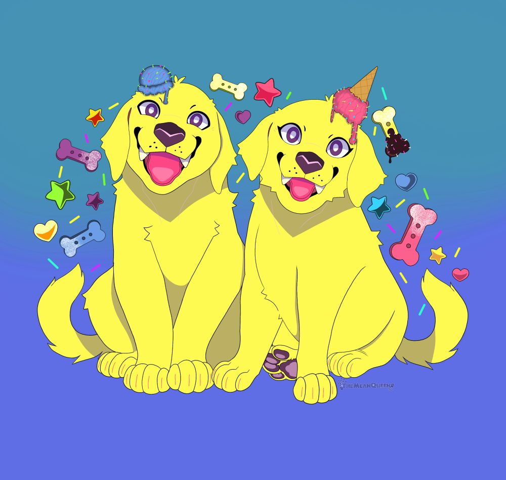 Two yellow Goldie’s sit next to eachother smiling. They are surrounded by stars, confetti, bone treats and hearts. My watermark reading TheMeanQueen is under the right dogs paw