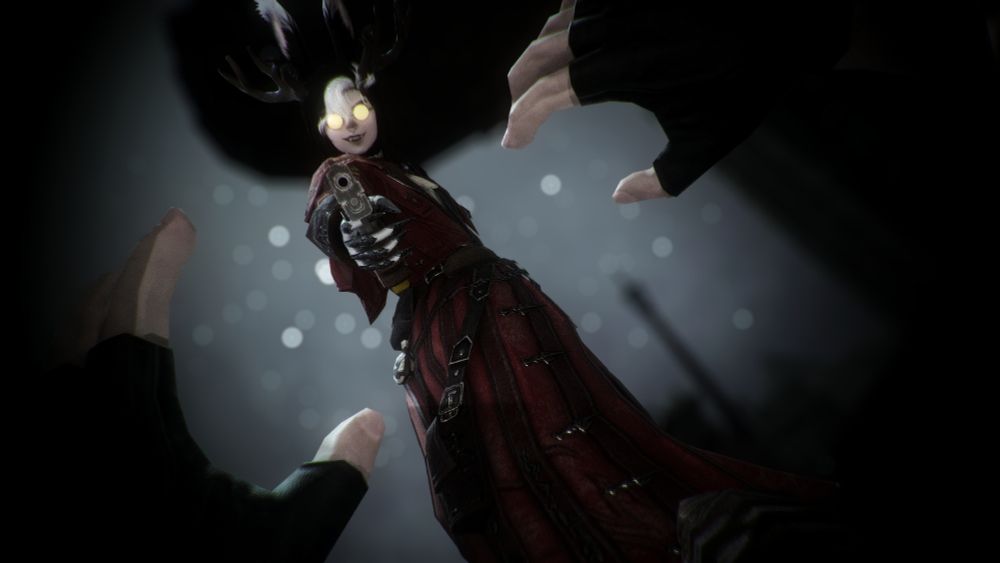 a POV gpose of someone cowering before a pale, antlered viera. they're smirking, fangs poking out of their lips. they hold a gun pointed towards the camera; the victim.