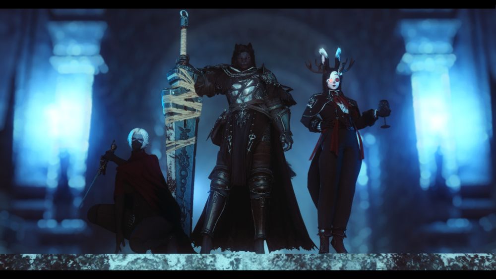 a wide, zoomed out image of my main 3 OCs. on the left is perinne (she/her), a duskwight elezen, cloaked & wielding a dagger. in the middle is desdemona (she/any), a half-lupin half-hrothgar, standing firm with her trusty claymore. on the right is bellamy (they/them), a voidsent-viera hybrid, standing quite elegantly with an ornate goblet will of blood in their hand.