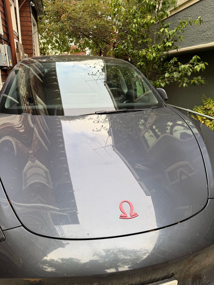 The front hood of a dark-colored electric vehicle. The Tesla badge has been replaced by a stylistically similar red Omega badge.