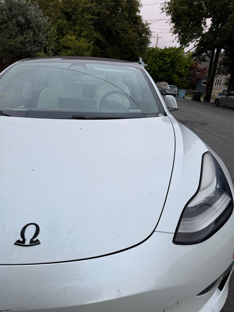 The front hood of a white electric vehicle. The Tesla badge has been replaced by a stylistically similar black Omega badge.