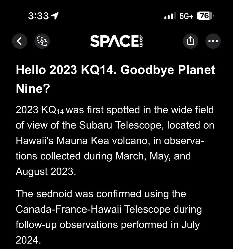 Text from Space.com coverage of a new sednoid object in the outer solar system, with the Header “Hello 2023 KQ14. Goodbye Planet Nine?”