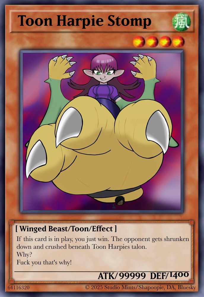 A yu gi oh card with a picture of a colorful harpy woman about to stomp a tiny player beneath her talons 