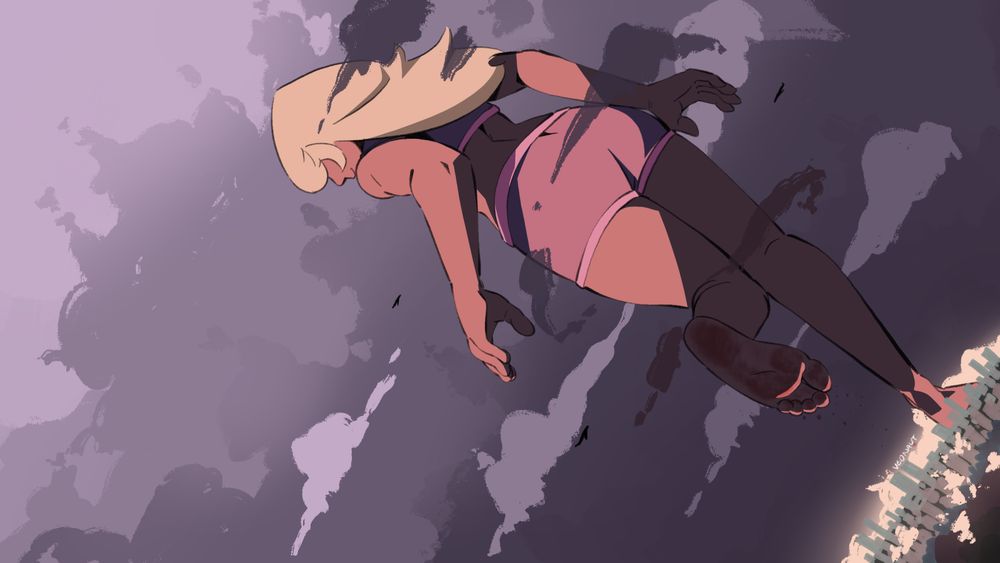 Susan stomping around in a city