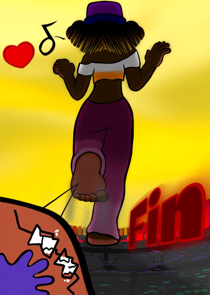 Satisfied with the new foot toy plastered onto the bottom of her sole she takes a big step forward to her new life as a towering goddess to all the ants in her new stomping ground, taking pleasure with each step she takes. 