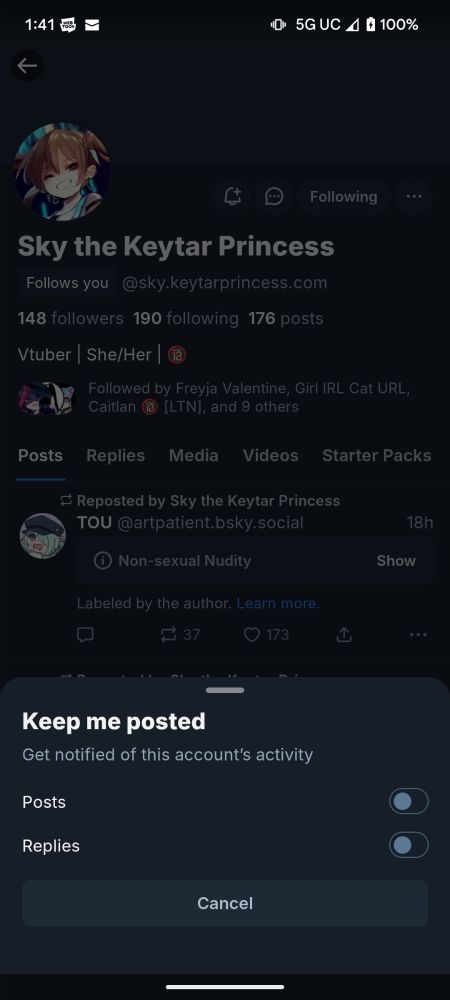 Screen shot of baky android application. Window at the bottom of the screen outlines the new notification settings options for user posts