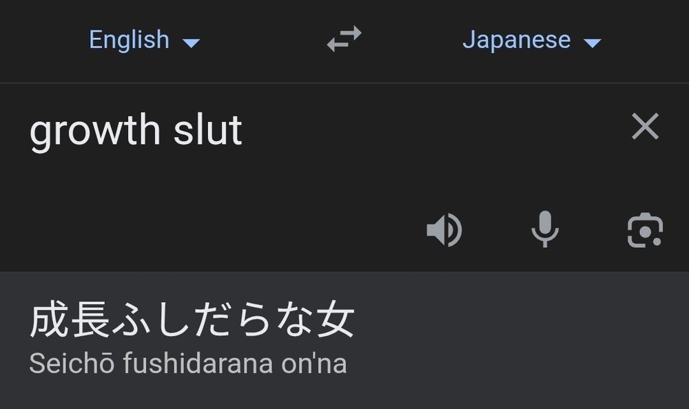 Translation screenshot depicting "growth slut" translated to Japanese ("seichō fushidarana on'na").