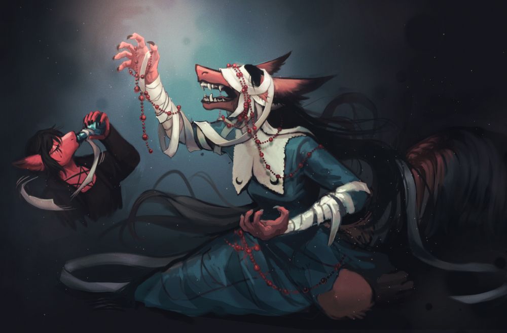 Inset image of a a red femme anthro drinking a substance from a small bottle. Main image depicts her on her knees, transformed into a monstrous form, wrapped in bandages and religious beads in a design similar to Vicar Amelia from Bloodborne.