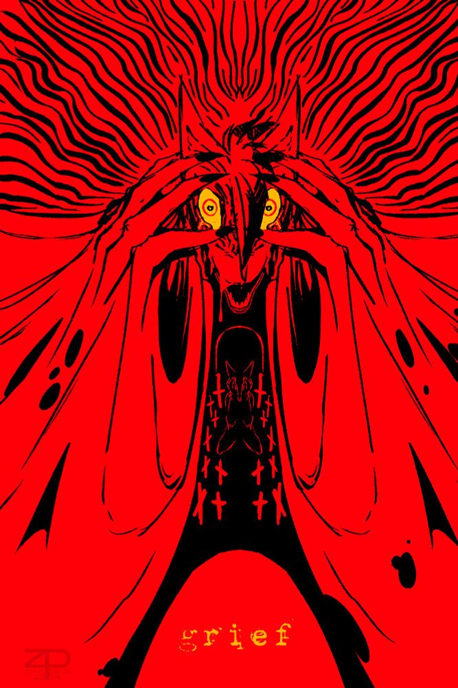A bright red image outlined in black of a character's face in a madness-like state with yellow eyes, their clawed fingers stretching up from nebulous folds of flesh or goo. In the center of the image in the "tent" formed by the gooflesh, is another depiction in inverse (red on black background); a small caricature of a figure on hands and knees, their hands covering their eyes, surrounded by several crosses. At the bottom of the image, the word "grief."